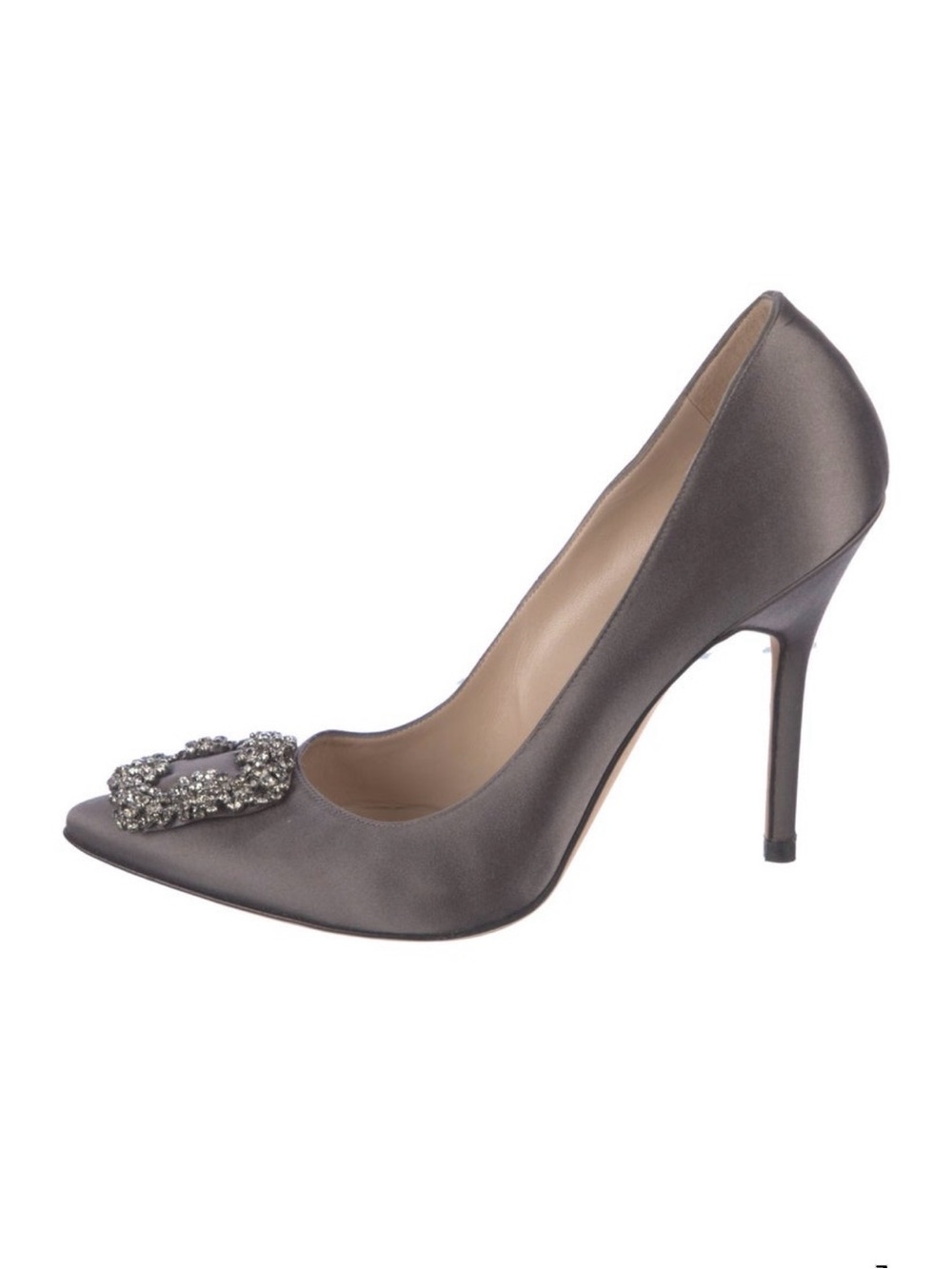 Manolo Blahnik Gray Satin Pointed Toe Pump with Crystal Buckle